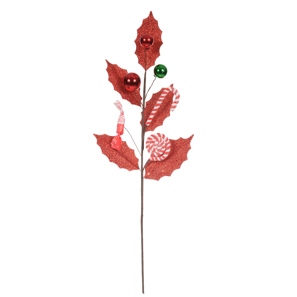 HASTE FOLHA NATAL COM PIRULITO 62CM VERMELHO