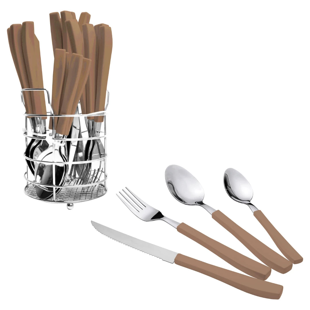 JOGO DE TALHERES ESTAI EM AÇO INOX COM CABO PLASTICO MARROM 25 PEÇAS