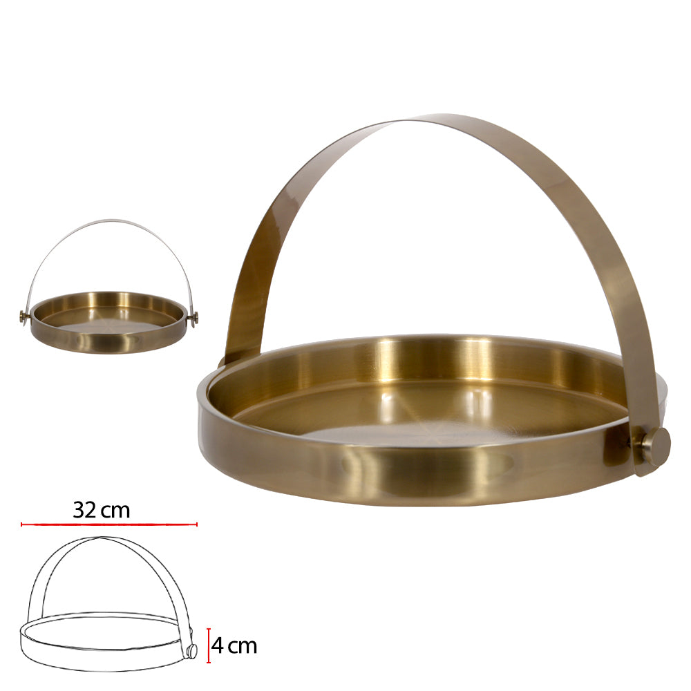 BANDEJA AÇO INOX REDONDA COM ALÇA LARGA (DOURADO)
