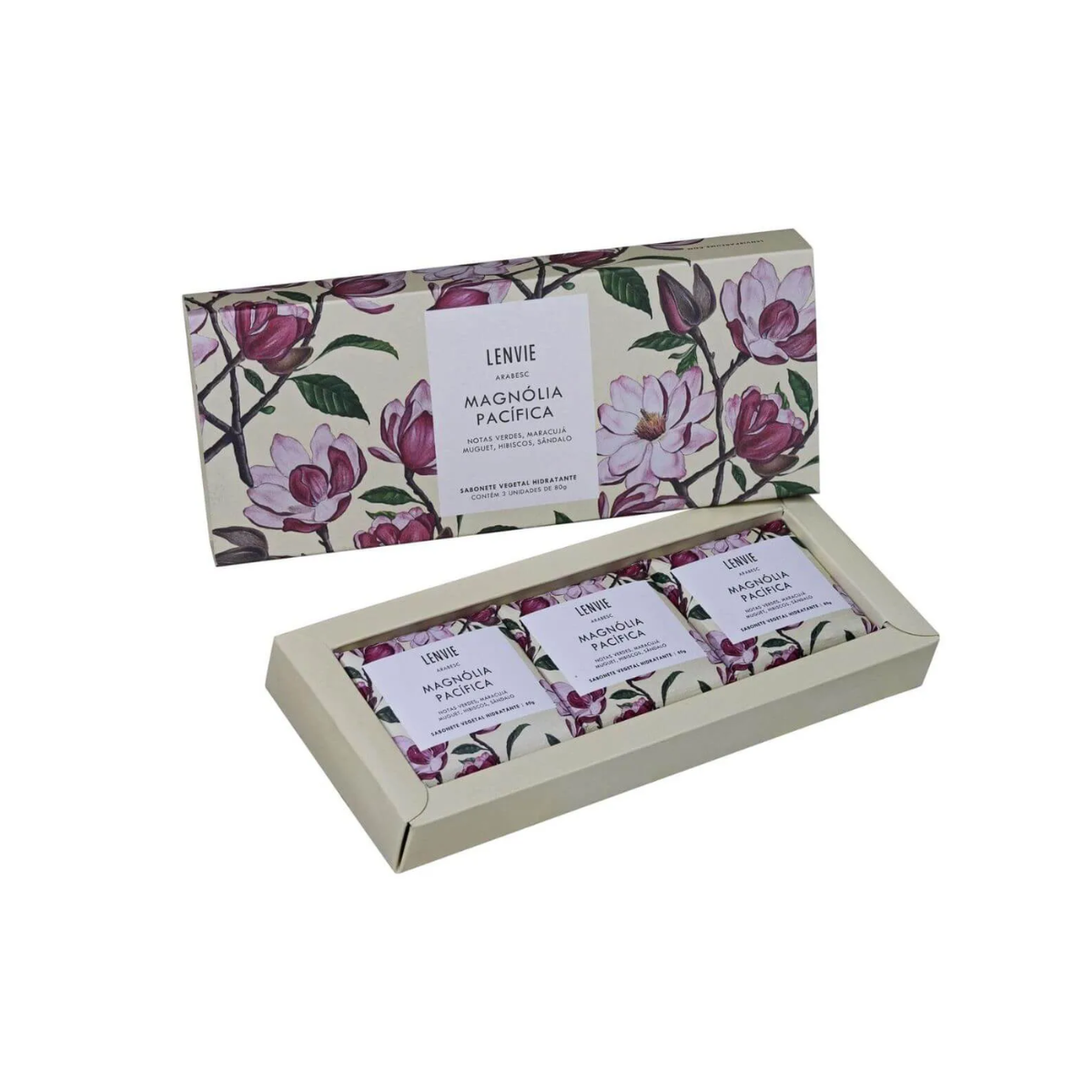 KIT 3 SABONETES VEGETAL EM BARRA MAGNOLIA PACIFICA 80G