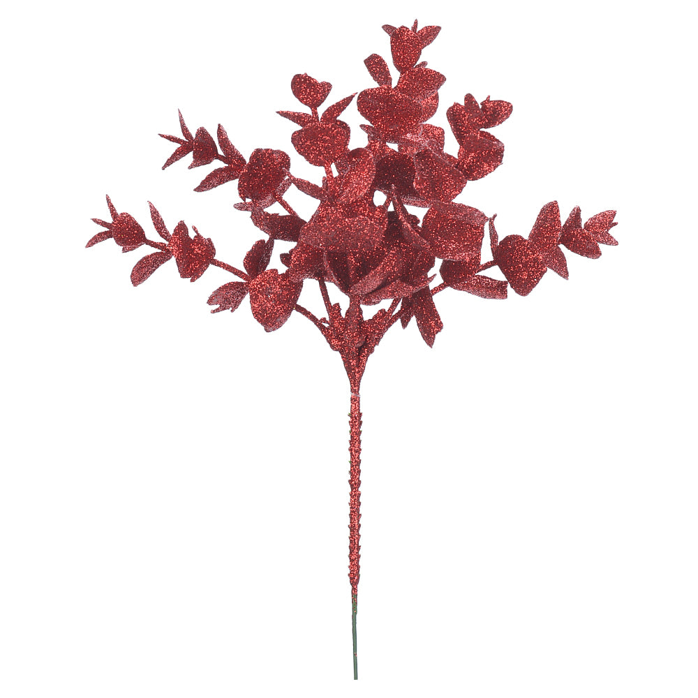HASTE FOLHA EUCALIPTO VERMELHO COM GLITTER 24CM
