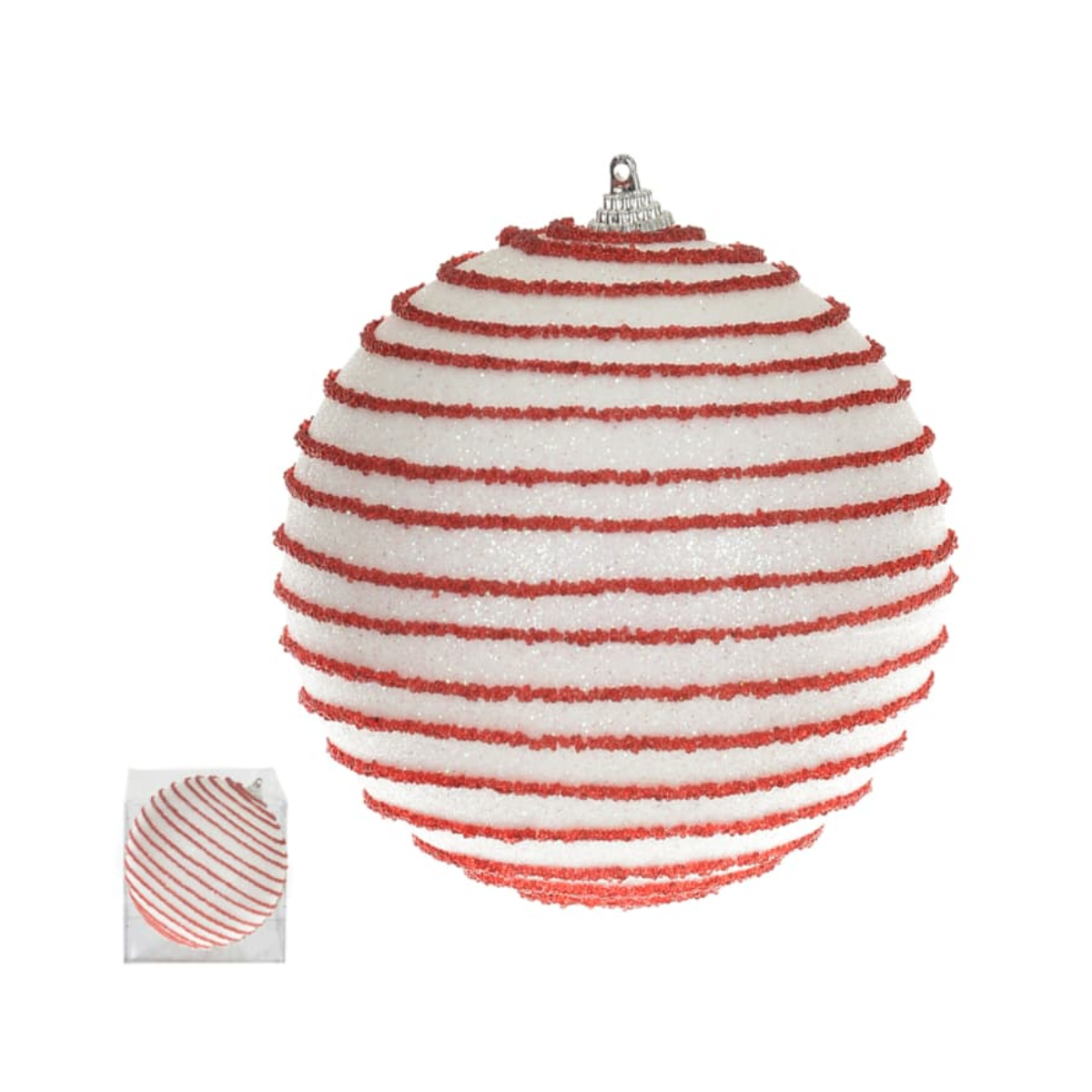 BOLA DECORADA NATAL BRANCO VERMELHO COM GLITTER - 12 CM