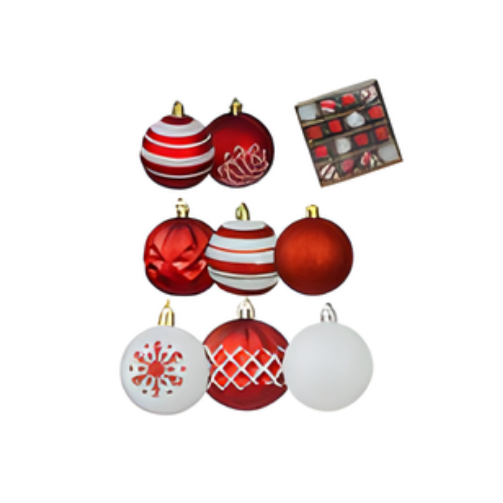 CAIXA BOLA NATALINA VERMELHA E BRANCA 16UN - 6CM