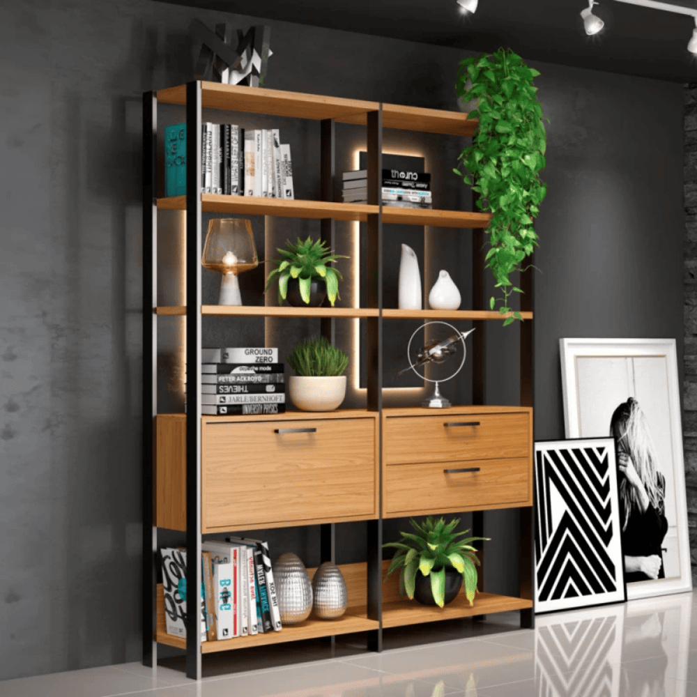 ESTANTE 2 TORRES GAVETEIRO BASCULANTE FREIJO/PRETO FOSCO - 1,85M X 1,44M