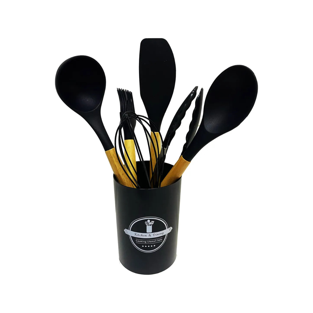 JOGO COM 7 PECAS DE SILICONE PRETO COM CABO DE MADEIRA