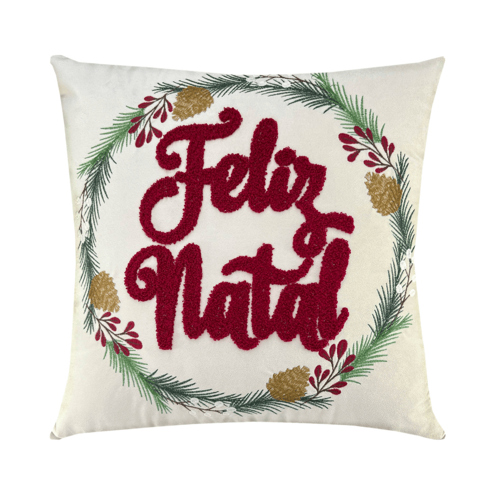 ALMOFADA EM VELUDO OFF-WHITE COM BORDADO – 50CM X 50CM