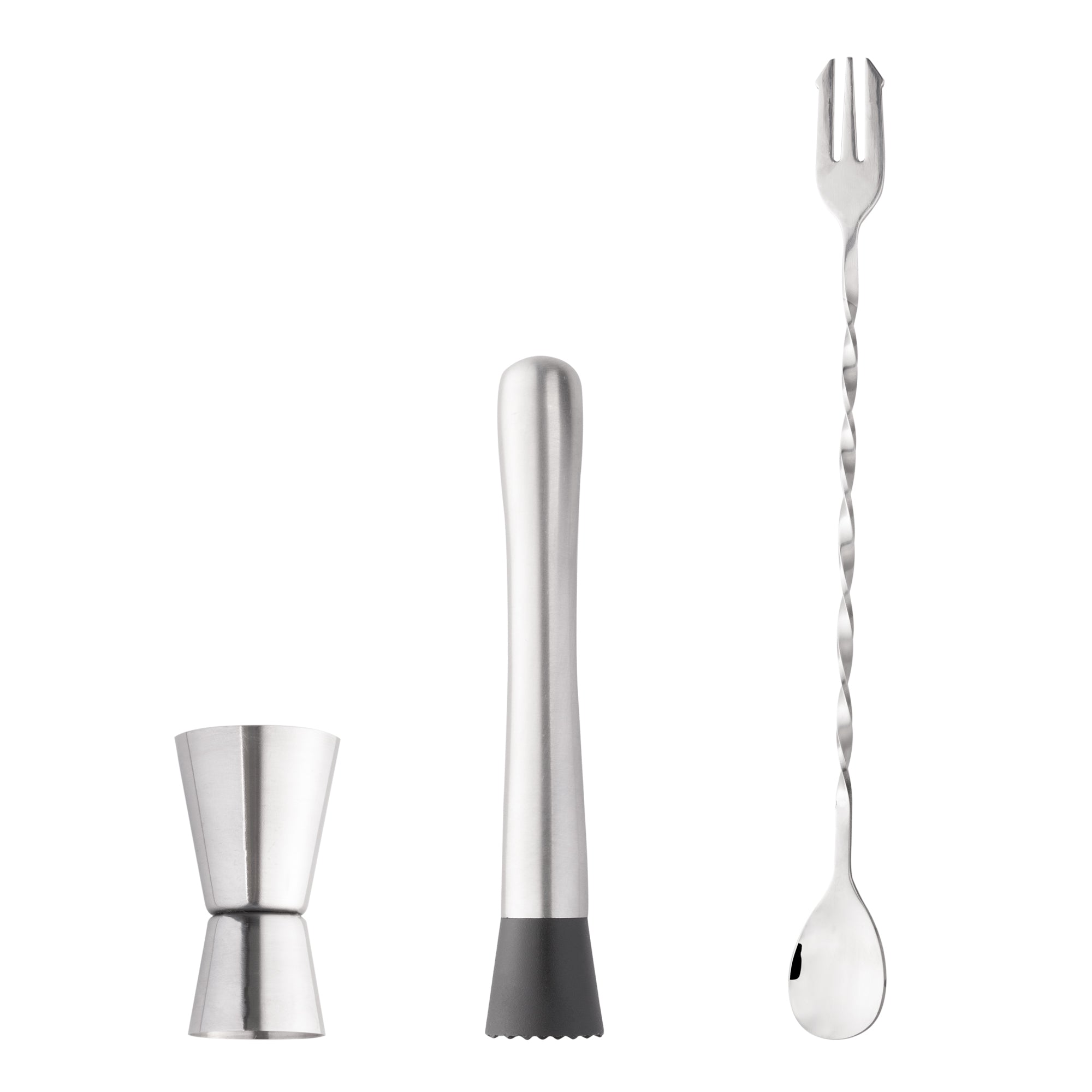 KIT CAIPIRINHA COM COLHER BAILARINA, DOSADOR DUPLO E MACERADOR EM INOX