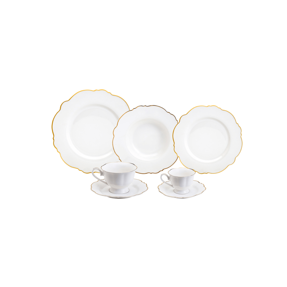 APARELHO DE JANTAR 42 PECAS PORCELANA MALDIVAS BRANCO COM FIO DE OURO